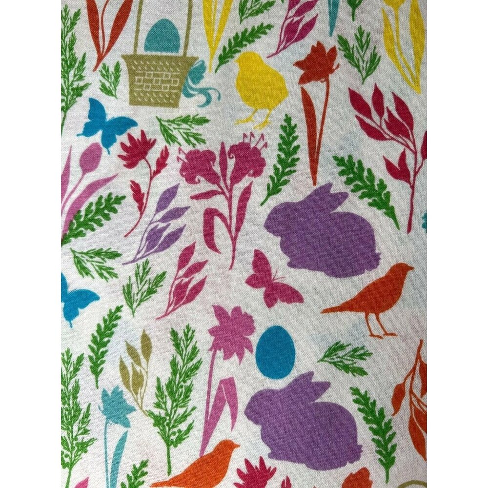 Fabric OOP Watercolor-style Birds Bunnies Baskets in Garden Cotton 36" L x 44" W
